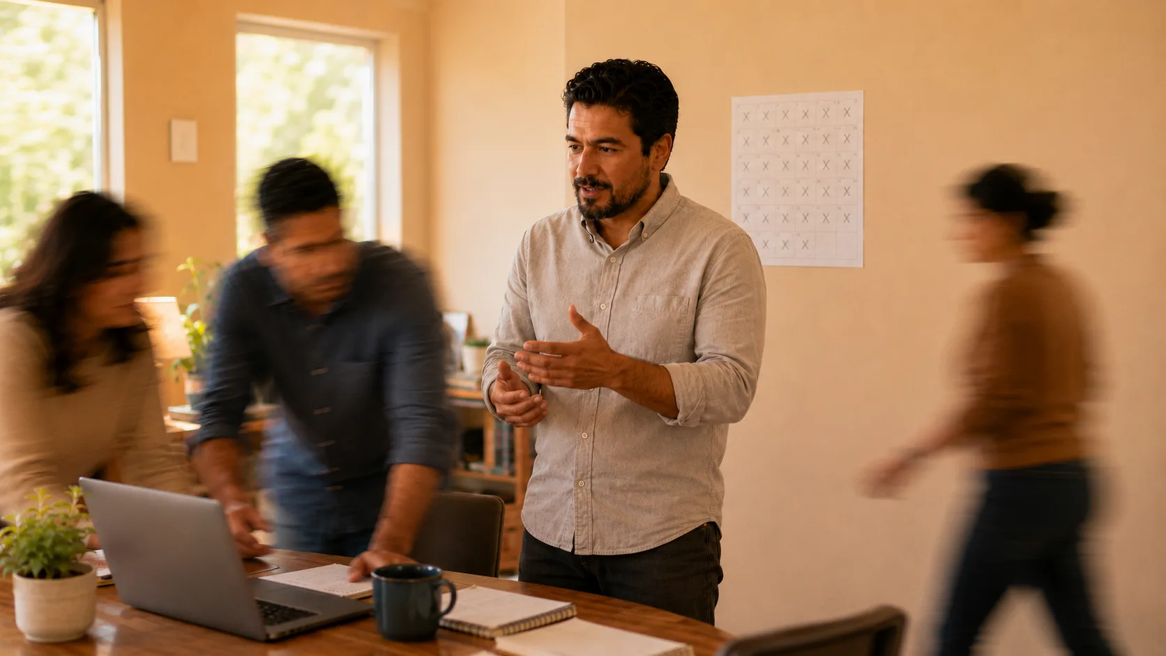 A business owner standing calm and in sharp focus, explaining with his hands to the people around him while the room blurs into motion, a thirty-day calendar with its days crossed off on the wall behind him