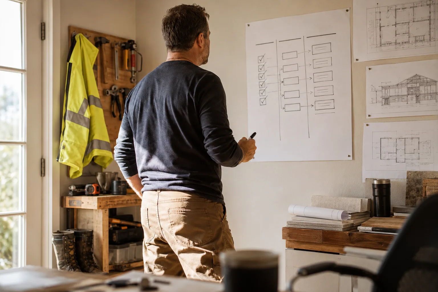 A contractor stepping back from his home-office wall where a single clean 90-day roadmap sheet is pinned, first rows ticked, marker in hand