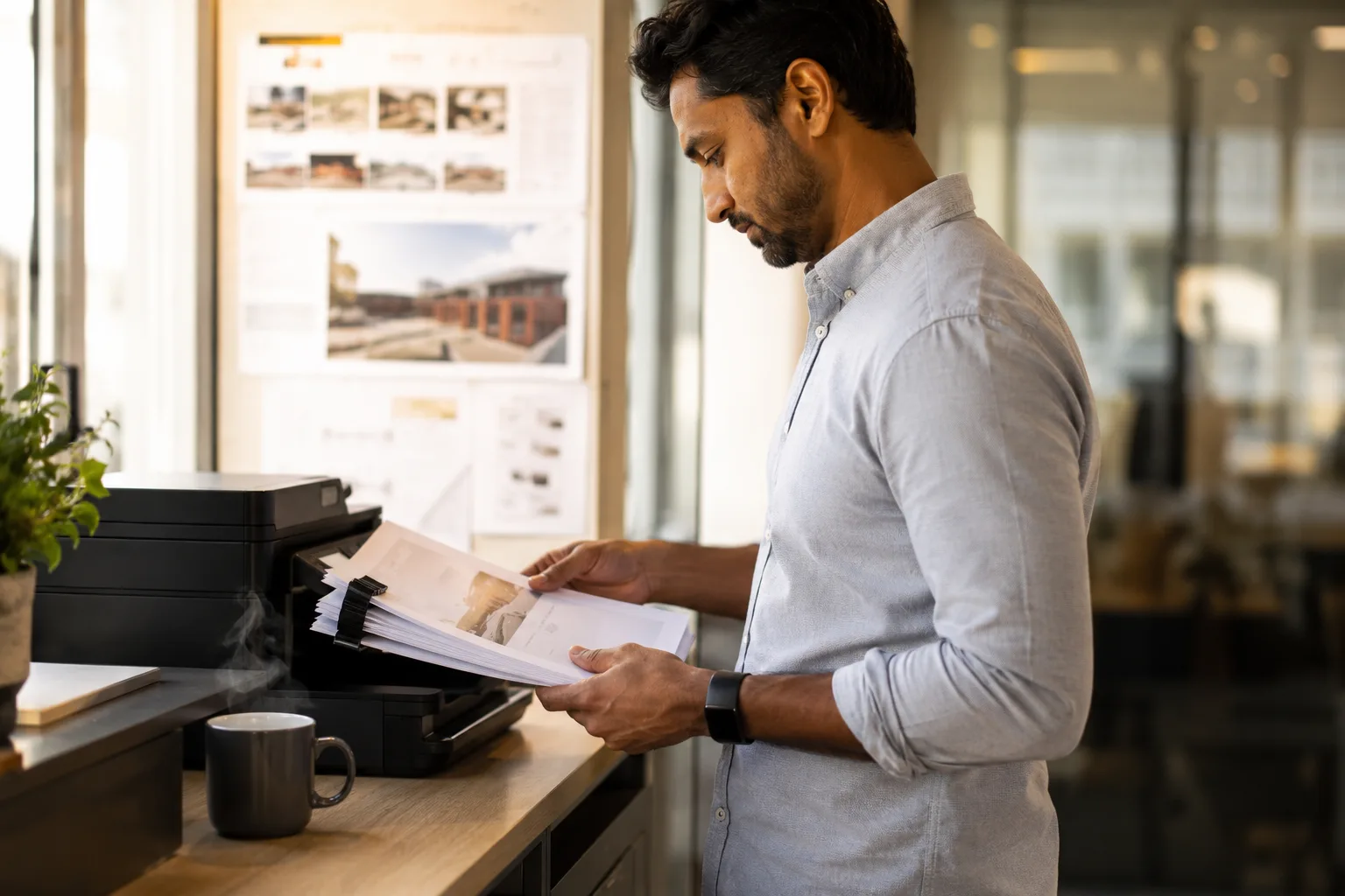 A South Asian man in his 30s lifting a freshly finished document, polished and done, in warm natural light