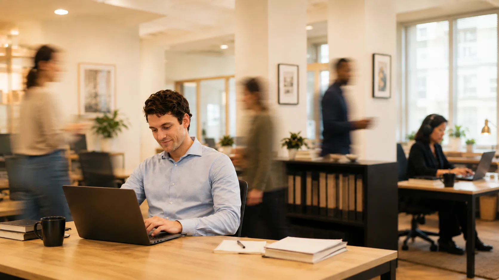 A business owner calm and in sharp focus at his laptop with a faint smile, the open-plan office streaming past him in motion blur, rows of archived company binders on the shelf behind him