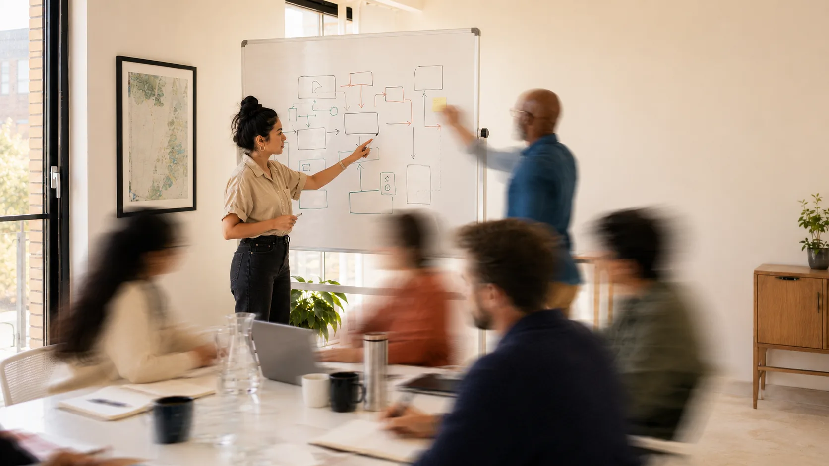 Two colleagues build a framework together on a whiteboard while their team works around the table — shared knowledge, not one person's