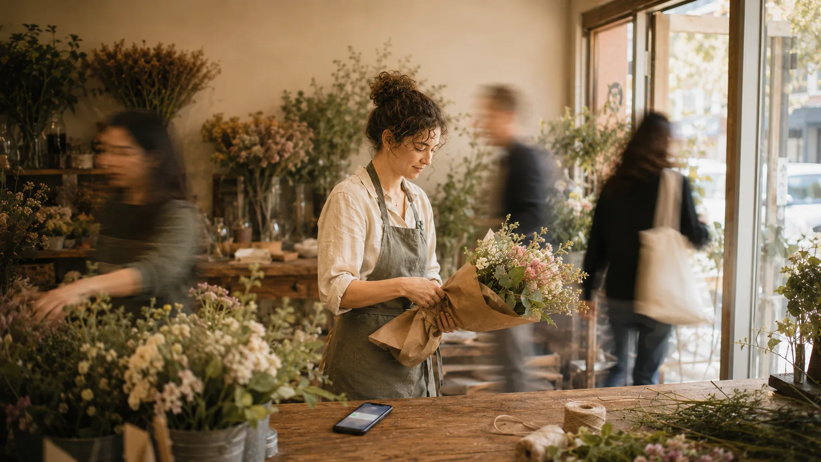 A florist held calm and in sharp focus in her sunlit shop while the day blurs into motion around her, the moment the AI-found customer walks in