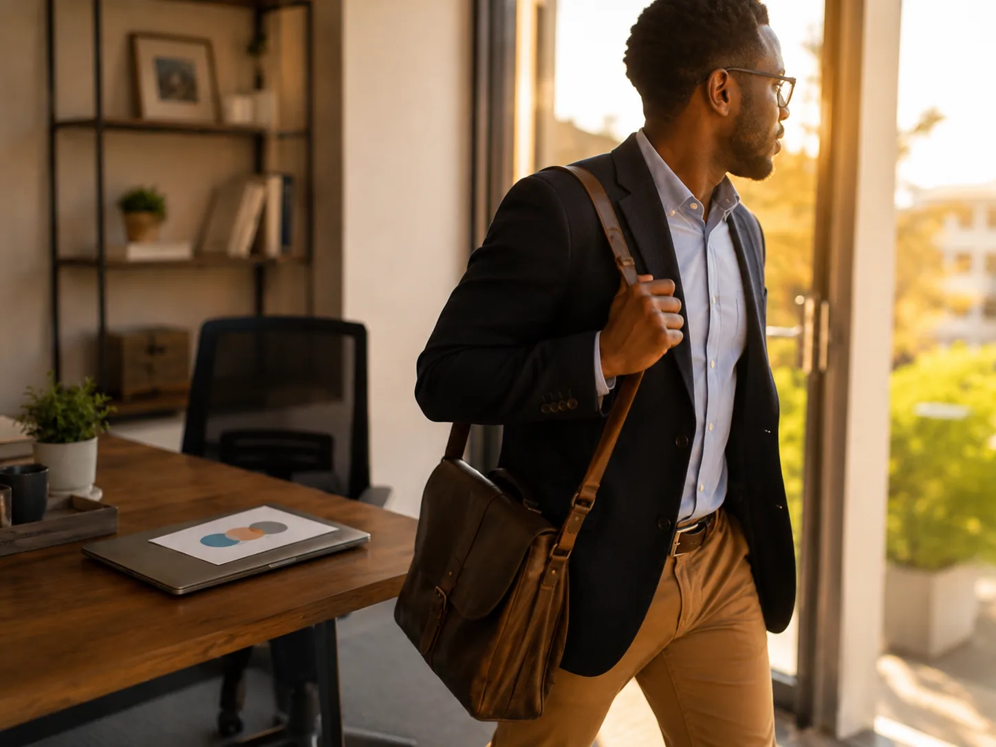 A Black professional shouldering his bag and heading out the office door into golden late-afternoon light, a crisp one-page recap squared on the tidy desk behind him