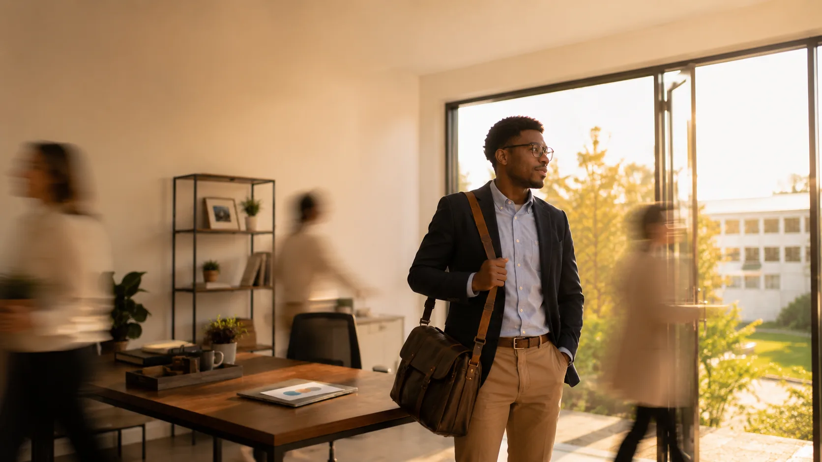 A manager with his bag over his shoulder, calm and in sharp focus, walking out of the office into late-afternoon light while colleagues blur past him still working
