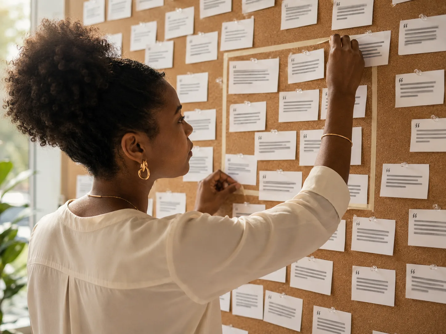 A poised Black woman founder in her element, market insight distilled in front of her, warm natural light