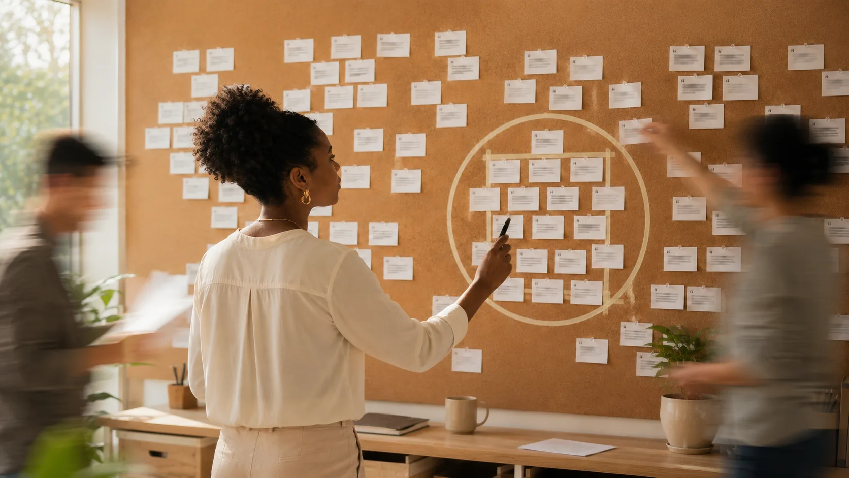 A founder stands calm at a wall of pinned research cards, marker in hand, circling the cluster of insights that matter while her team moves in a blur around her